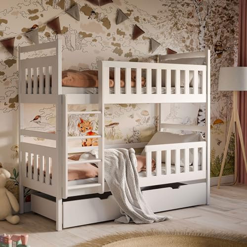 Hochbett 90x200 cm mit 2 Schubladen Etagenbett mit Rausfallschutz und Lattenrost, umbaubar in Zwei Kinderbetten, aus Vollholz massiv in weiß, Funktionsbett 90x200 cm von 4. bis 18. Lebensjahr