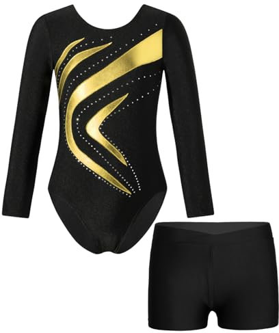 Alvivi Kinder Mädchen Turnanzug Gymnastikanzug Langarm Ballettanzug mit Shorts Tanzbody Ballett Trikot Leotard Wettbewerb Tanzkostüm Gold 134-140