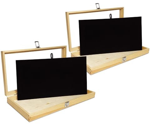 MOOCA 2 Pcs Wooden Jewelry Display Case Tempered Glass Top Lid, Pocket Knife Display Case with Metal Clasp and Removable Black Luxurious MDF Velvet Jewelry Pad, Natural Wood Color