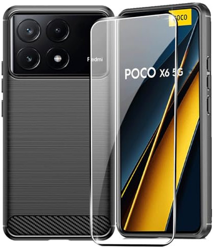 zZjoOoj ZjoOoj Custodia Cover per Poco X6 5G/ Redmi Note 13 Pro 5G con 1 Vetro Temperato,Spazzolata e Fibra di Carbonio Morbido Silicone TPU Cover - Nero