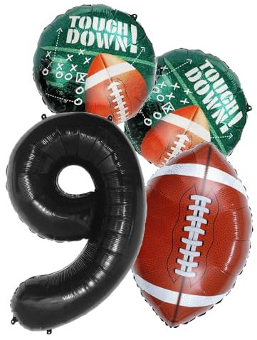 American Football Set + Zahlenballon 9 Schwarz Rugby Ball Sport 9 Party Motto Folienballons Deko Dekoration Super Bowl, 9. Geburtstag GOAT Ballon Feier 9 Birthday deco Helium neu (Set + Zahl 9)