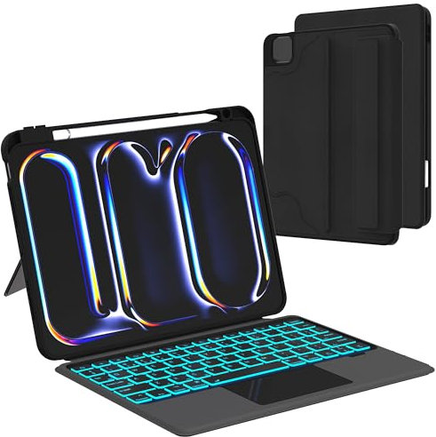 for 2024 iPad Pro 11-inch (M4, 2024) Case with Keyboard - 7 Color Backlit Detachable Tablet Keyboard Cover with Touchpad - 11 iPad Pro 2024 M4 Magnetic Keyboard Case with Pen Holder & Kickstand Black
