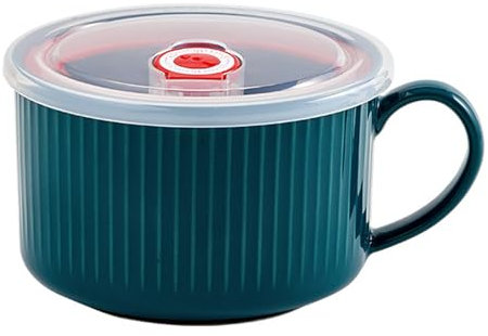 Jarsense Soup Bowl with Handle, 1000ml Ramen Bowl with Lid, Ceramic Portable Cereal Noodle Bowl Microwave Breakfast Salad Bowls, Green