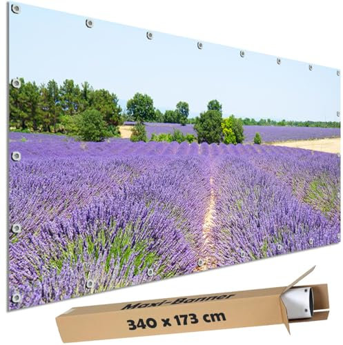TRIOSK Große Motivplane Sichtschutz Zaunblende mit Motiv Lavendelblüten Blumenfeld Motivbanner Garten Deko Plane Blickdicht für Zaun Terrasse Gartenzaun Zaunplane PVC 340x173 cm