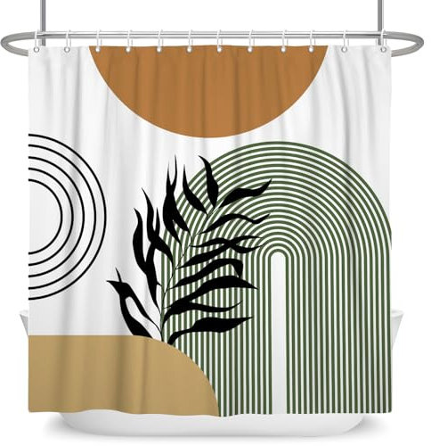 ASDCXZ Rideau de douche, style bohème, moderne, abstrait, marron, soleil, noir, feuilles, vert, lavable, en polyester, imperméable, anti-moisissure, avec 12 crochets, 180 x 200 cm