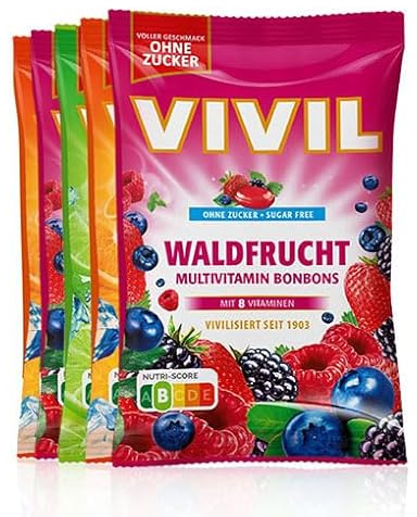 VIVIL 5 bolsas de caramelos refrescantes con fruta del bosque, naranja silvestre y menta lima, sin azúcar, veganos y sin gluten, 5 x 120 g