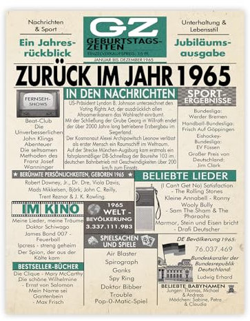 Stuff4 60. Vintage Bilder Poster Ungerahmt - Zurück im Jahr 1965 Zeitung - Wandbilder Wohnzimmer Schlafzimmer Vintage 60 Jahrgang Geboren, 20cm x 25cm Wand Deko Bild Kunstdrucke Wandposter Posters