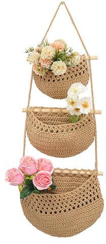 RTYUSWL Maceta de Pared Tejida a Mano, Bolsa de Red para Maceta Tejida con Cuerda para el Hogar, Bolsa de Red Hueca de Tres Capas para Colgar Bolsas de Red, Decoración de Plantas (Cinco