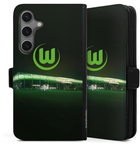Klapphülle kompatibel mit Samsung Galaxy S 25 Handyhülle aus Kunst Leder schwarz Flip Case Offizielles Lizenzprodukt VFL Wolfsburg Stadion