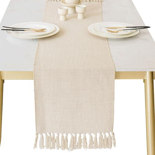CutitiUU Unifarbene Tischdecke aus Leinen mit Fransen,Herbst Tischläufer,Makramee Baumwolle Leinen Tischläufer lang mit Hand-Quasten Kaffee Tisch Läufer,Tabletop Dekor Picknick Party (Beige)