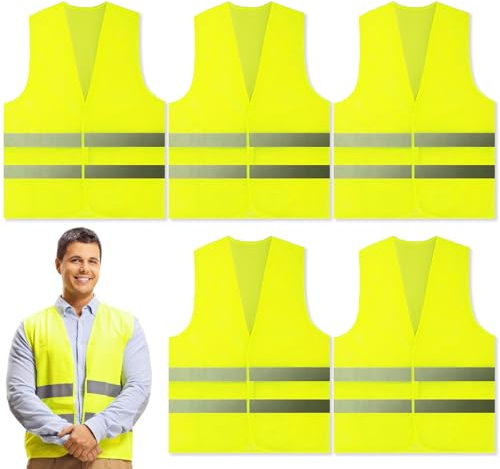 Huanmin Warnwesten Auto 5 Stück Warnweste Erwachsene mit Reflektorstreifen, Warnschutzweste Gelb Reflektorweste Auto, Damen Herren Erwachsene, Unfallweste, für Autofahrer, Arbeiter, Bauarbeiter