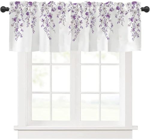Highdi 1 Piezas Cortinas Cortas Cocina con Bolsillo Media Cortina Pequeña Ventana Dormitorio Translucidas Rustica Bistro para Dormitorio Café Baño (Flores moradas,137 * 45cm)