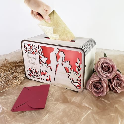 Namofactur personalisierte Hochzeits-Geldgeschenkbox Brautpaar aus Holz | Mit Vornamen und Hochzeitsdatum, Einwurf für Karten und Umschläge; Farbwechsel-Licht mit USB und Fernbedienung optional
