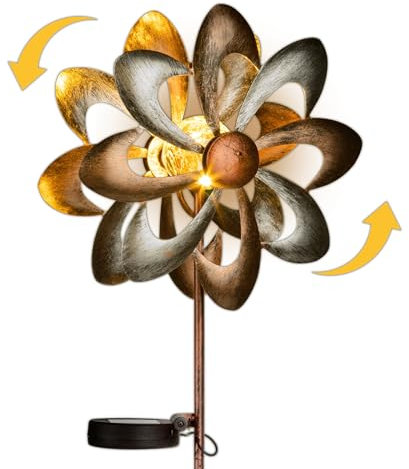 Schauer LED Solar Gartenstecker Windrad Metall – Gartendeko für draußen wetterfest | Windspiel Garten mit Crackle-Glas | Garten Deko draußen – Windmühle Garten, Windspiel Metall Led Deko Solar Deko