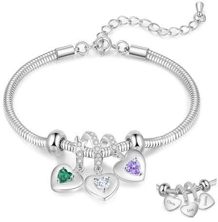 lorajewel Geschenke für mama Kette Muttertag Personalisiertes Armband mit Name Geburtsstein Herz Armband Geschenk für Frauen Weihnachtstag Geburtstag (Silber-3 name)