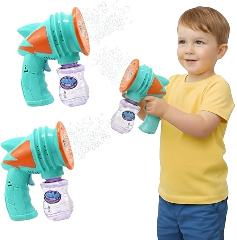 AMATOYS – Set de 2 Pistolas de Burbujas Automatica con Luz y Musica + Botellas de Solucion – Juguete para Niños, Fiestas, Regalos y Verano al Aire Libre