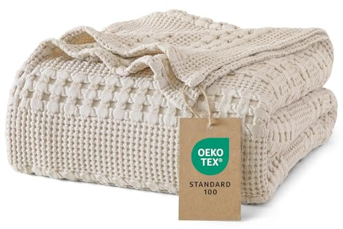 PHF 100% Baumwolle Waffledecke Kuscheldecke 220x240cm, Oeko-TEX® Zertifiziert - Hotelwäschequalität - Ideal für Sofa Couch Bett, leicht & atmungsaktiv, Hellbeige (Oatmeal)