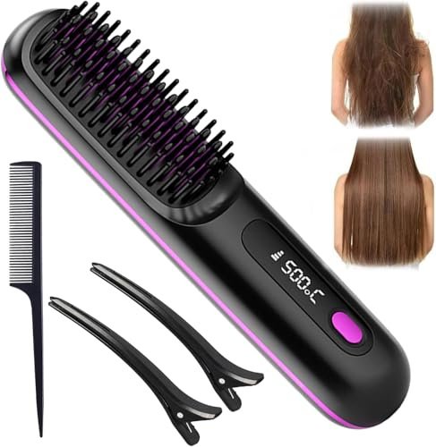 Kabellose Glätteisen Bürste, 2 in 1 Negative Ion H-air S-Traightener Kamm, BellaBrush Pro Ha-ir Straig-Htener Bürste für alle Haartypen (Schwarz)