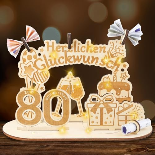80 Geburtstag Mann Frau, Geldgeschenke Geburtstag Holz mit LED Lichterkette, Holzschild Gästebuch Geschenk zum 80 Hochzeitstag