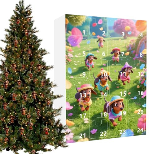 2025 Countdown-Kalender für Weihnachten – Countdown-Kalender für 24 Tage mit Ornamenten Dackel, Souvenir aus Acryl, 2D, Cowboy-Outfit – für Jugendliche Erwachsene Freunde