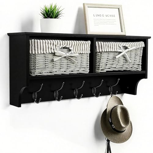 Black Wall Mounted Coat Rack with Shelf – 2 Grey Wicker Baskets & 5 Double Hooks – Hallway Entryway Organiser for Coats, Bags, Scarves, Hats & Keys – Space-Saving Storage H30 x W70 x D17cm