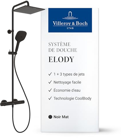 Villeroy & Boch Elody système de douche, kit complet avec thermostat – Noir | Douche à effet pluie, douchette à main avec 3 types de jet, économe en eau, TVS130001000K5