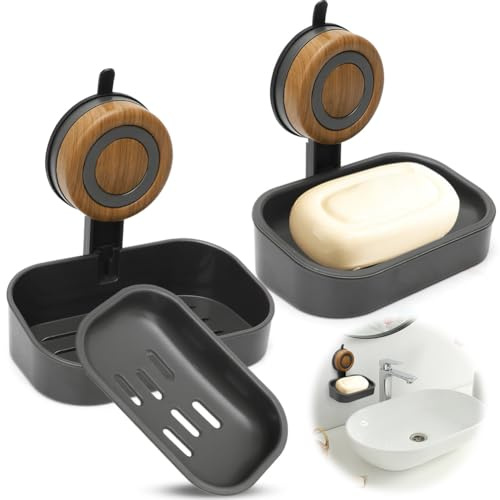 2 Pièces Porte-Savon avec Ventouse, Support Savon Sans Perçage, Montage Mural, Auto-Égouttant, Pour Douche Salle de Bain Cuisine, Étanche, Amovible, Décoration Maison