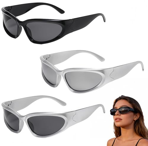 LEIIERUY 3er-Pack Rave Brille Herren – Y2K Retro Techno Sonnenbrille, Futuristische Wrap Around Radsportbrille für Partys & Musikfestivals, Trendige Festival Accessoires