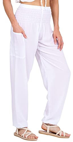 Lofbaz Damen Haremshose Yogahose Pumphose Hippie Hose Boho Kleidung Festival Outfit Sommerhose Leicht Sommer Hosen - Solid 1 Weiß XXL Große Größen