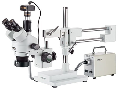 AmScope SM-4TPX-30WR-10M Simul-Fokales Trinokulares-Boom-Stereomikroskop mit LED-Faserlicht und 10-Megapixel-Kamera, 3.5X-45X, Weiß