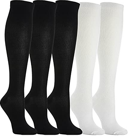 5 Paar Kompressionsstrümpfe Kniestrümpfe Stützstrümpfe Laufsocken für Damen & Herren, Sport, Laufen, Flug, Reisen, Schwangerschaft, Medizinische Kompressionssocken (3x Schwarz + 2x Weiß, l)