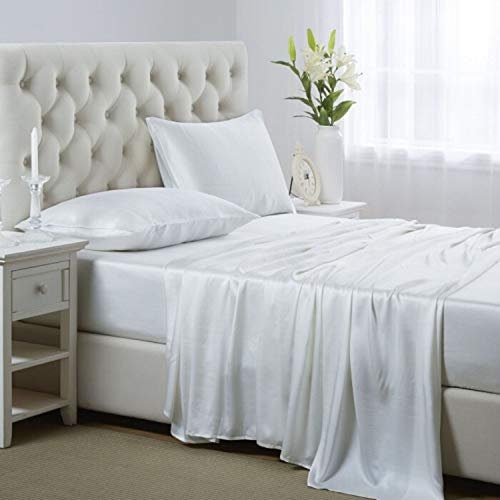 Lanest Housing Seidensatin-Bettlaken-Set für King-Size-Betten mit tiefen Taschen, kühlend weich und hypoallergen, Kingsize-Bett, Elfenbeinfarben