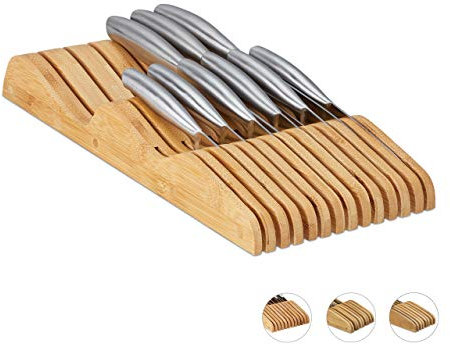 Relaxdays Messerblock Schublade, liegend, Bambus, für 13 Messer, HBT: 5x17x40 cm, Schubladeneinsatz, Natur