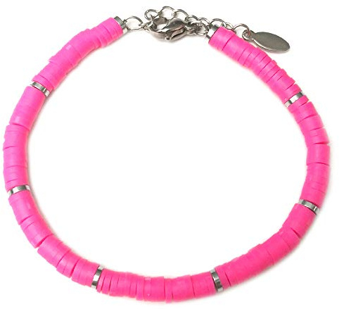 Beloved Bracciale Summer Vibes con rondelle in gomma colorate e dettagli in acciaio - regolabile fino a 20 cm con moschettone - Colori vivaci (Fucsia, Colore Silver)