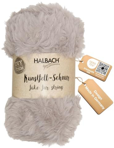 Halbach Seidenbänder flauschige Wolle zum stricken | 50g Knäul - Breite: 1cm | Kunstfellgarn zum basteln | Farbe: grau