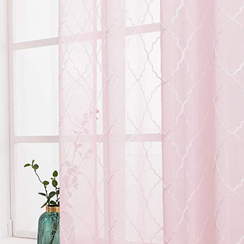 MIULEE Gardinen Vorhang Wohnzimmer 2er Set mit Ösen Transparente Vorhänge Stores gardinen mit kräuselband Stickerei Ösenschal Fensterschal Dekoschal für Schlafzimmer 215 x 140cm (H x B) Rosa