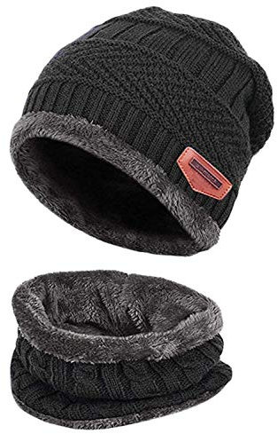 XYIYI Winter Beanie Mütze und Schal Set Warme Strickmütze Dicke Fleecefutter für Damen und Herren (Schwarz)
