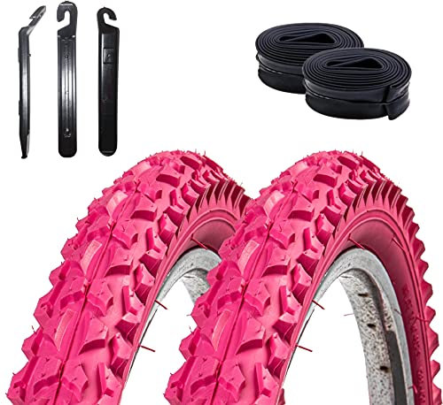 2 x Roverstone 24 Fahrradreifen Fahrradmantel rosa 57-507 (24x2,125) + 2 Schläuche AV inkl. 3 Reifenheber