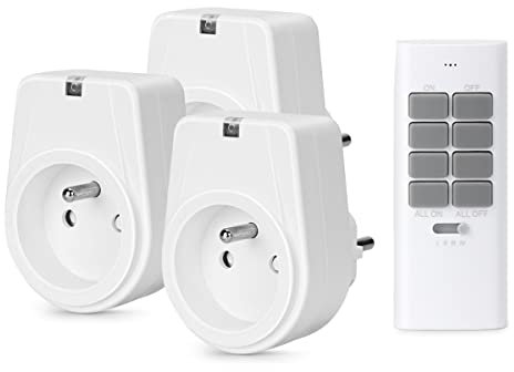 Prise électrique sans fil 16A 3680W avec télécommande - 3 prises programmable (12 canaux), marche/arrêt global, portée 40m, fiche française type E, certifiée CE, blanc