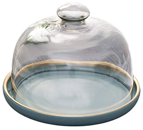 YARNOW Bunzlauer Keramik Käseglocke Kuchenst?nder mit Glaskuppel Keramikkuchenplatte mit Klarem Deckel Dessert Servierplatte mit Abdeckung für Geburtstag Hochzeitsfeier Glasglocke Mit Teller Rosa