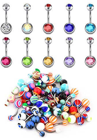 JFORYOU 60 Stk Bauchnabelpiercing 14 Gauge Nabelpiercing Ring Banane Piercing mit CZ Acryl-Kugeln Piercing Schmuck