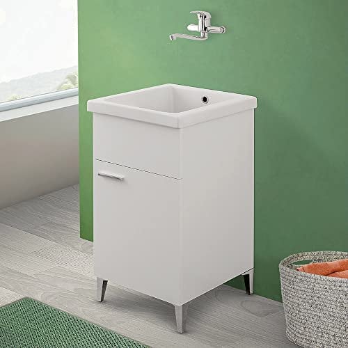 Mobile lavatoio Lavanderia 45x50 cm in Legno Montato con Vasca in Ceramica, con strofinatoio Integrato, Completo di Kit sifone e piletta (Bianco)