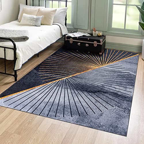 Mazovia Modern Teppich - Kurzflor Waschbar - Weich Teppich für Wohnzimmer, Schlafzimmer, Esszimmer – Teppiche Geometrisch - Schwarz Grau Gold 140 x 200 cm