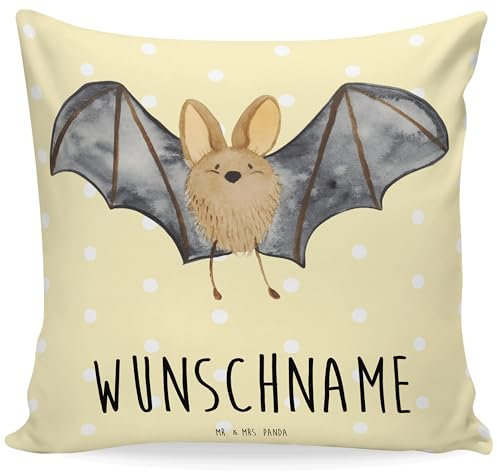 Mr. & Mrs. Panda Personalisiertes Kissen Fledermaus Flügel - Personalisierte Geschenke, Lustige Sprüche, mit Namen, Kinderkissen, personalisiert, Kopfkissen