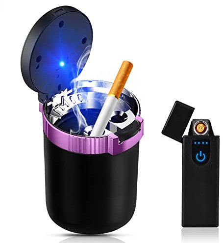 LED Auto Aschenbecher mit Deckel: Edelstahl Aschenbecher Auto mit Lighter Anfassen, Reiseaschenbecher Tragbarer, Rauchfreien Selbstverlöschender Aschenbecher für Unterwegs Haus Büro Auto (Violett)
