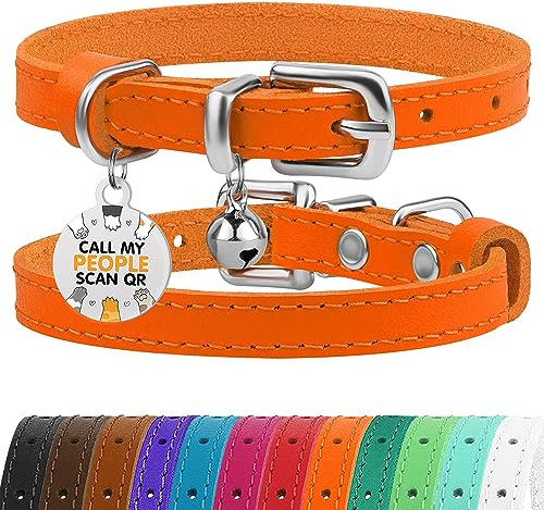 BRONZEDOG Katzenhalsband aus Leder mit Glöckchen, Nicht abreißbar, QR-Tag für Mädchen und Jungen (Orange und Silber, 23-28 cm)