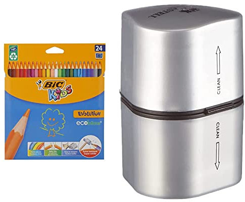 BIC Kids Buntstifte ECOlutions Evolution, zum Malen in 24 Farben, im Karton Etui, ab 5 Jahre, Bruchsichere Mine & ohne Holz, 24 Stück (1er Pack) & Faber-Castell 183800 - Dosenspitzer Grip
