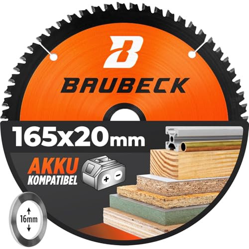 BAUBECK Akku Sägeblatt 165x20 inkl. 16mm Reduzierring - Multi Material Feinschnitt - Sägeblatt 165 Holz, Sägeblatt 165x20 Alu, Metall uvm. - Akku Sägeblatt 165mm - Sägeblatt Holz 165x16
