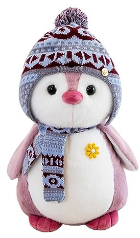 Herfair Doudou pingouin, poupée en peluche, avec capuche, cadeau (27 cm, rose)