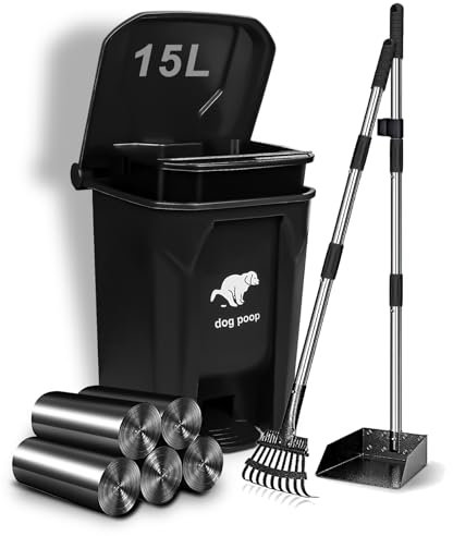Uppcasir Dog Poop Trash Can Outside with Pooper Scooper, 20L/5Gal Dog Waste Trash Can with Lid, Pedal and Removable Inner Bin, Pet Poop Bin with Metal Rake & Tray and 100 Bags